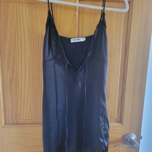 Elegant Black Satin Chemise with Lace Trim